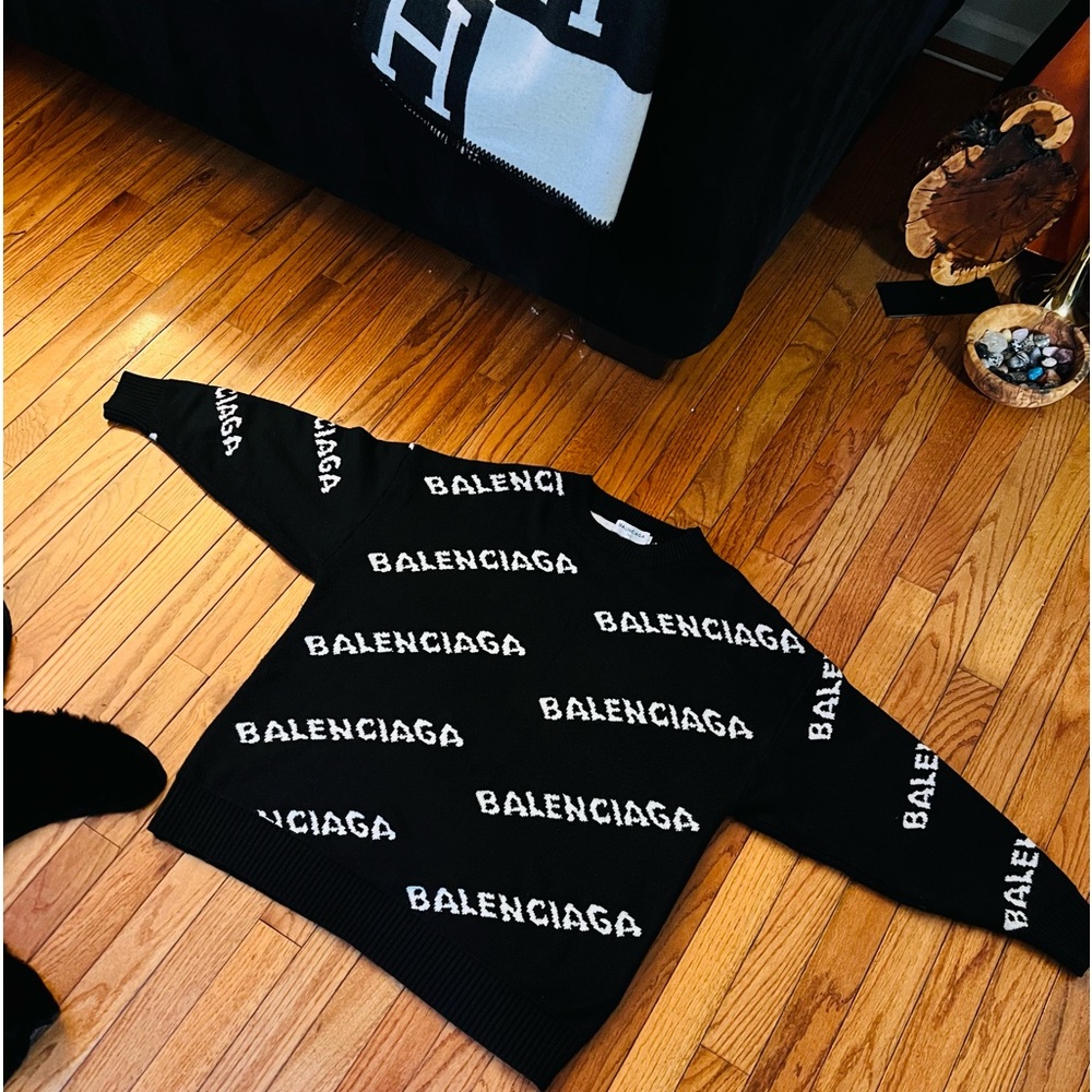 Authentic Pre-Owned Women’s Balenciaga Sweater (Black/White Logo) Size Large.